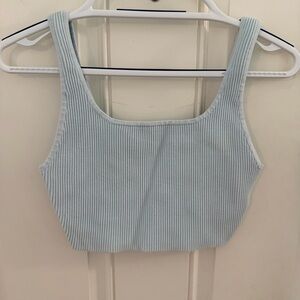 Babaton Ribbed Crop Top M | Light Blue Stretch Knit
